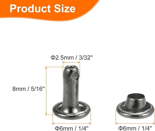 HARFINGTON 100 Sets Double Cap Leather Rivets, 6x8mm Round Cap Tubular Metal Studs Leather Crafting Rivets for Fabric Belt Pet Collar Boot Bag Repair and Decoration, Gunmetal
