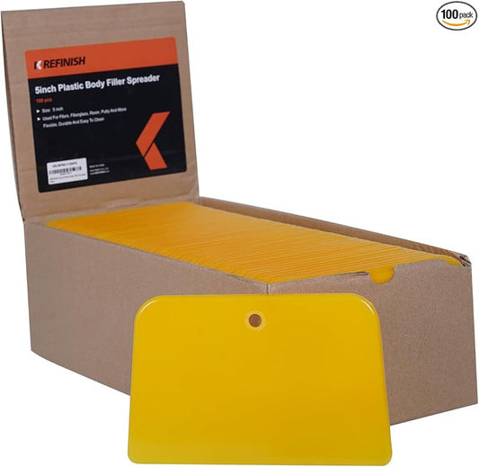 KREFINISH Body Filler Spreaders (Pack of 100) - 5" Yellow Reusable Plastic Spreader for Automotive Fillers, Putties, Glazes, Caulks and Paint