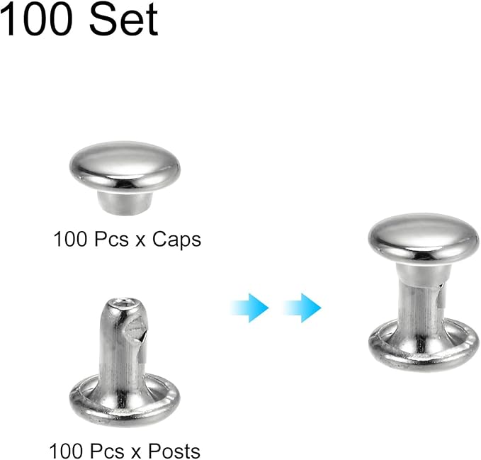 HARFINGTON 100 Sets Double Cap Leather Rivets, 6x6mm Round Cap Tubular Metal Studs Leather Crafting Rivets for Fabric Belt Pet Collar Boot Bag Repair and Decoration, Silver