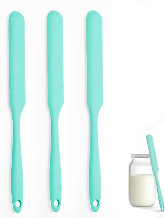 Silicone Jar Spatula Set of 3, Long Handle Skinny Spatula and Spurtle for Sourdough Starter, Flexible Jar Scraper for Peanut Butter, Jam, Icing, Cream with No Batter Left Behind (3)