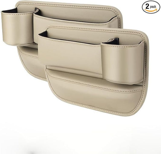 Tefola 2 Packs Car Seat Gap Filler, Leather Car Seat Gap Organizer, Car Storage Box for Holding Phone, Sunglasses, Keys, Car Accessories fit Auto SUV Truck fit for Driver/Passenger Seat (Beige)