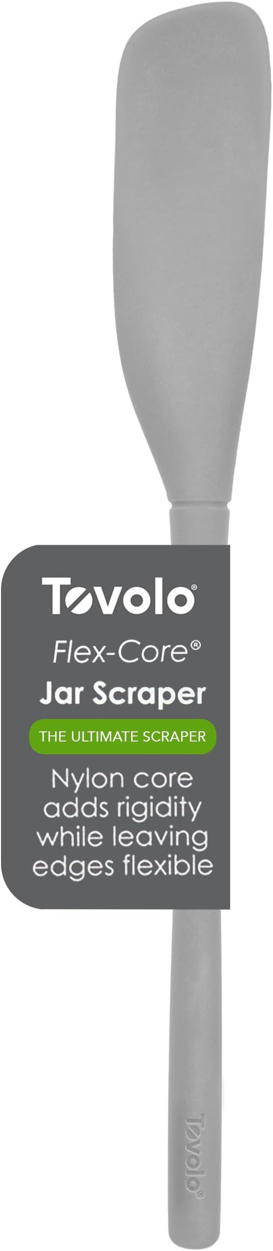 Tovolo Silicone Jar Spatula Long Handled Rubber Scraping Scooping Tool for Peanut Butter Jam Jelly Jars Blenders, Extra Long Flex Core Silicone Jar Scraper Dishwasher Safe BPA Free, Oyster Gray