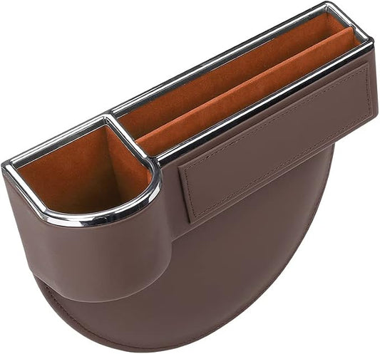 SANRILY Brown Universal Car Seat Gap Filler Organizer with USB Hole Fashion PU Leather Multifunctional Car Center Console Organizer with Cup Holder 1 Pack