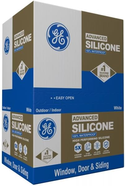 GE Advanced Silicone Caulk for Window & Door, White, 10 fl oz Cartridge, 12 Pack - 100% Waterproof Silicone Sealant, 5X Stronger Adhesion, Shrink & Crack Resistant