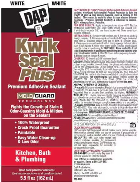 DAP Kwik Seal Plus Kitchen and Bath Adhesive Sealant, White, 5.5 Oz (7079818872)
