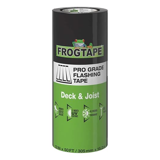 FrogTape Pro Grade Deck and Joist Flashing Tape - 12 Inch Width (12 in. x 50 ft) - All Weather & UV Resistant Linerless Tape for Decking, Wood, Beams with Advanced Acrylic Adhesive - 13 mils - Black