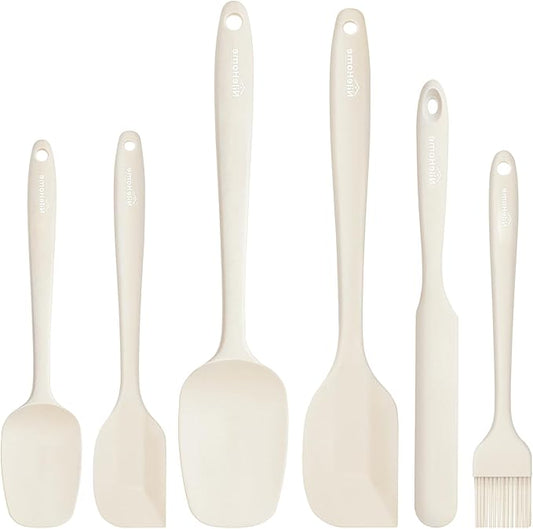 NileHome Silicone Spatula Set, 6 Pieces Food Grade Kitchen Utensils with Silicone Brush Heat Resistant Dishwasher Safe BPA-Free Rubber Spatula for Scraping, Baking, Cooking, Mixing-Ivory
