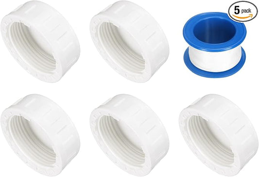 uxcell 5Pcs 1-1/4 Inch PT Female Thread PVC Pipe Fitting Cap, Cleanout Water Drain End Caps, Pipe Plug Socket Fittings with Tape for Water Heater Supply Lines, Plumbing, White