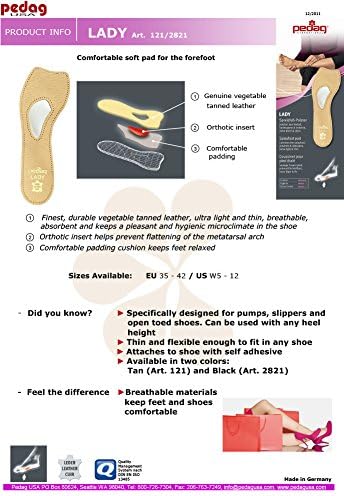 Pedag 121 Lady 3/4 Ultra Thin Leather Self Adhesive Insole for All Heels, Tan, Women's 10