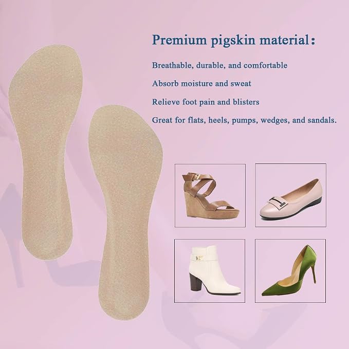 2 Pairs Pigskin High Heel Cushion Inserts, Adhesive Arch Support Shoe Inserts for Dress Shoes, Anti-Slip Sandal Inserts Pain Relief, Leather Cushioning Heel Insoles for Boots, M Women 7.5-9 Beige