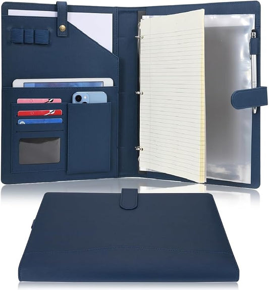 Wonderpool A4 PU Leather Portfolio Holder Ring File Document Case with Removable Binder Clipboard, Multi Pocket and Legal Pad for Business Organizer Interview and Meeting (Dark Blue)