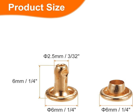 HARFINGTON 100 Sets Double Cap Leather Rivets, 6x6mm Round Cap Tubular Metal Studs Leather Crafting Rivets for Fabric Belt Pet Collar Boot Bag Repair and Decoration, Light Gold