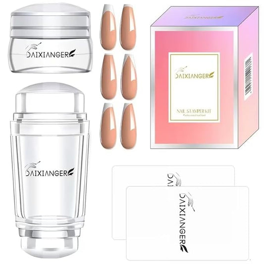 French Nail Stamper Kit, Double-End Clear Silicone Nail Stamper with Scraper, Long & Short Nail Stamps, 2 in 1 French Tip Nail Art Tool for Manicure DIY