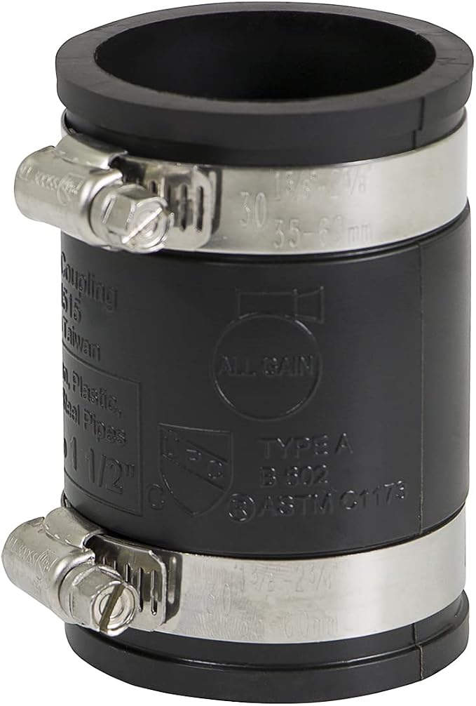 Supply Giant 6I46 Flexible PVC Coupling With Stainless Steel Clamps, 1.9" Inner diameter for 1-1/2" Nominal Pipe, Black