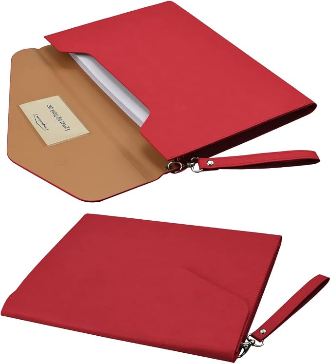 PU A4 Leather File Folder Document Holder Folder Stylish Portfolio Envelope Case with Strap and Invisible Magnetic Closure (Red)
