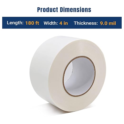 Vapor Barrier Tape, 4 in x 180 ft, High-Adhesion Waterproof Seam Tape for Crawl Spaces and Moisture Barriers, White Polyethylene Tape for Sealing Underlayment, Insulation, and Plastic Liners