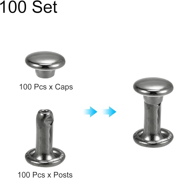 HARFINGTON 100 Sets Double Cap Leather Rivets, 6x8mm Round Cap Tubular Metal Studs Leather Crafting Rivets for Fabric Belt Pet Collar Boot Bag Repair and Decoration, Gunmetal