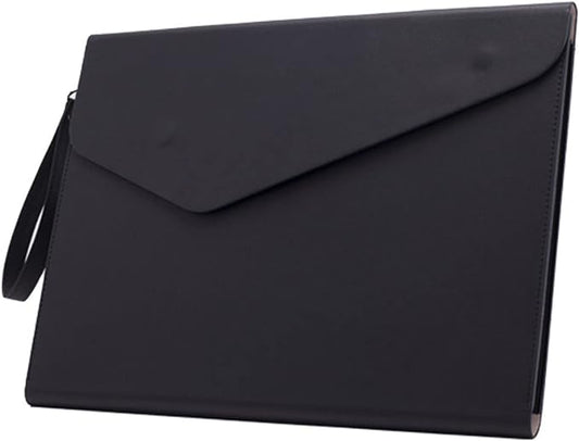 PU A4 Leather File Folder Document Holder Folder Stylish Portfolio Envelope Case with Strap and Invisible Magnetic Closure (Black)