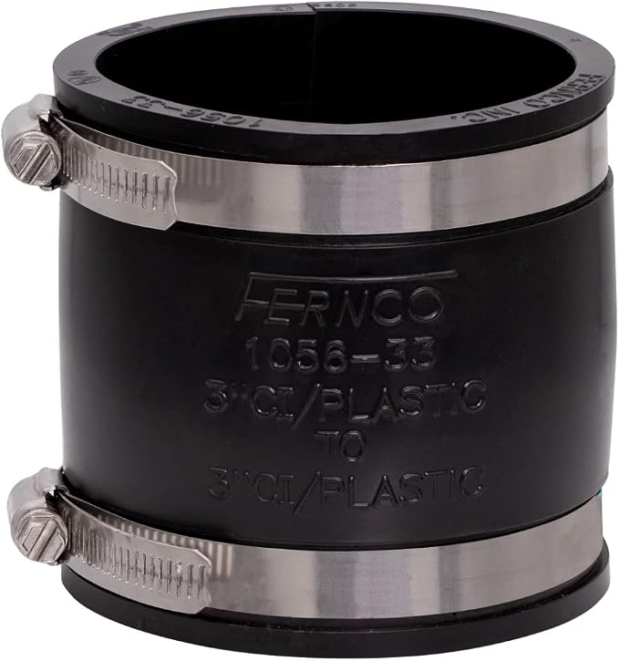 Fernco 1056-33 3 in Flexible Coupling, Unshielded DWV Pipe Connector for PVC, ABS, Cast Iron & Steel, Slip-On Repair Coupler w/Stainless Bands, 2-Pack