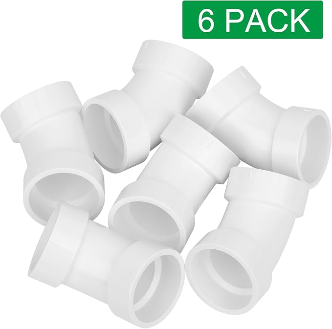 6Pack 1-1/2" PVC DWV Sanitary 45-Degree Elbow Pipe Fitting Connector (Socket x Socket) White SCH40 1.50" PVC DWV 45° Elbow Corner Adapter for Drain, Waste, Vent