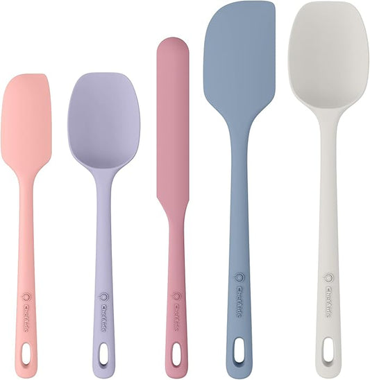 ChefAide 5 Pieces Silicone Spatula Set, Food Grade Rubber Spatula, Upgrade Strong Handle with Ergonomic Grip, Heat Resistant Up to 600°F for Nonstick Cookware, Cooking