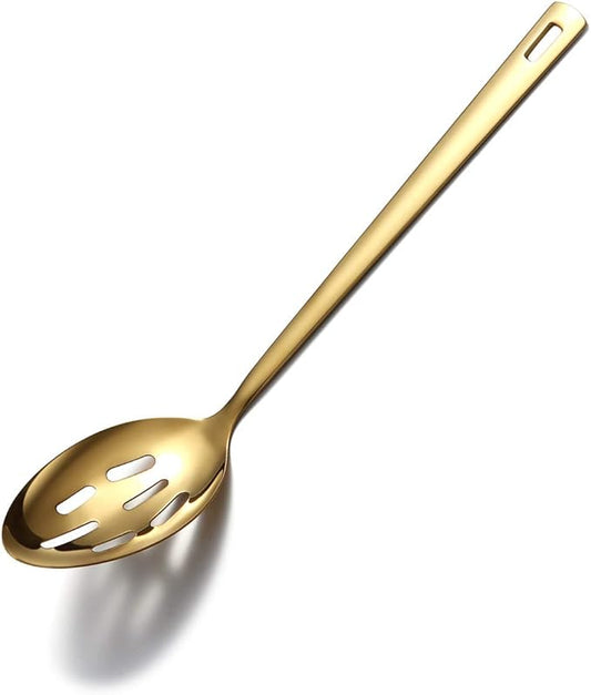 Gold Cooking Spoon, Berglander Stainless Steel Slotted Spoon Titanium Gold Plating, Kitchen Serving Basting Spoon For Cooking, Dishwasher Safe, Easy to Clean