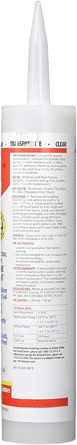 Red Devil 0826 100% Silicone Sealant Architectural Grade, 9.8 oz., clear