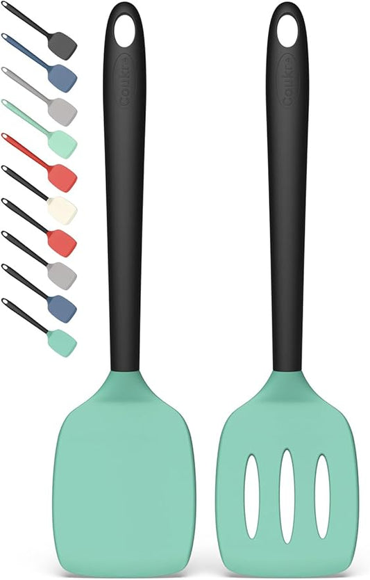 Coukre 2 Pack Silicone Spatula Set, High Heat Resistant, BPA Free Kitchen Spatula, Solid & Slotted Turner for Non-Stick Pans, Sautéing, and Flipping (2, AquaGreenBlack)