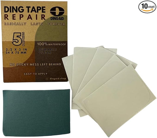DING-Tape Surfboard Repair Tape, 100% Waterproof Ding Tape Repair Patches, 2.2 x 3 Inch Clear Stickers with Sanding Sheet, 5 or 10 Pack