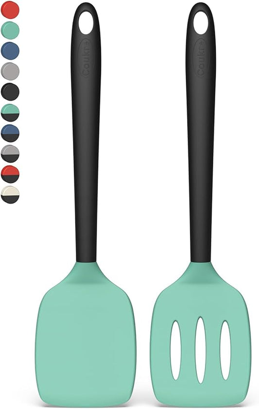 Coukre 2 Pack Silicone Spatula Set, High Heat Resistant, BPA Free Kitchen Spatula, Solid & Slotted Turner for Non-Stick Pans, Sautéing, and Flipping (2, AquaGreen)