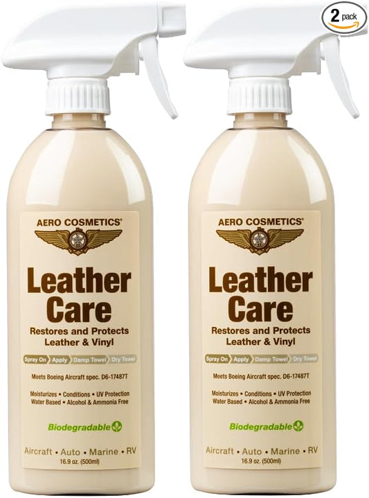 Leather Care, Conditioner, UV Protectant, Aircraft Grade Leather Care, better than automotive products. Excellent for Furniture, Car Seats, & RV 's, does not leave dirt attracting residue. 16oz