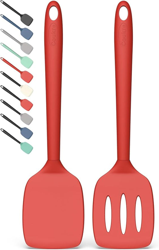 Coukre 2 Pack Silicone Spatula Set, High Heat Resistant, BPA Free Kitchen Spatula, Solid & Slotted Turner for Non-Stick Pans, Sautéing, and Flipping (2, PureRed)