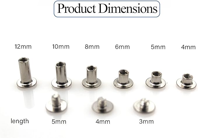 Silver Chicago Screws Leather Kit, 6 Sizes (M5 X 4, 5, 6, 8, 10, 12) | 90 Sets, Screw Rivets, For DIY Leather Craft, For Bookbinding