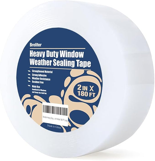 Breliter Heavy Duty Window Weather Sealing Tape - Transparent Window Tape for Winter and AC Insulation, No Mess Winter Window Seal Kit - 2 Inch Wide 180 FT Long