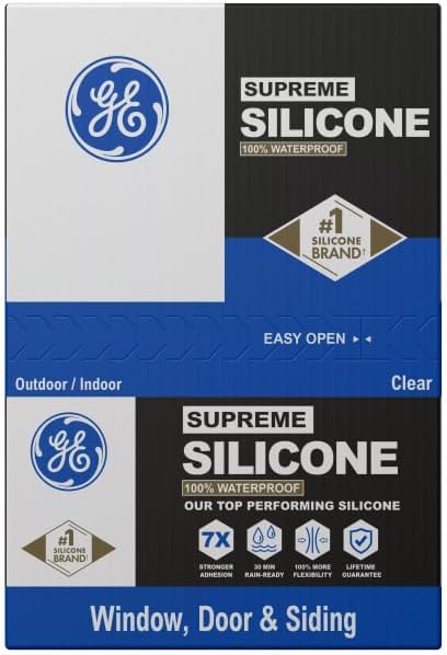 GE Supreme Silicone Caulk for Window & Door, Clear, 10 fl oz Cartridge, 12 Pack - 100% Waterproof Silicone Sealant, 7X Stronger Adhesion, Shrink & Crack Proof