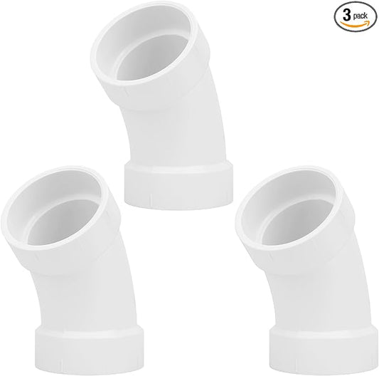3Pack 2" PVC DWV Sanitary 45-Degree Elbow Pipe Fitting Connector (Socket x Socket) White SCH40 2" PVC DWV 45° Elbow Corner Adapter for Drain, Waste, Vent