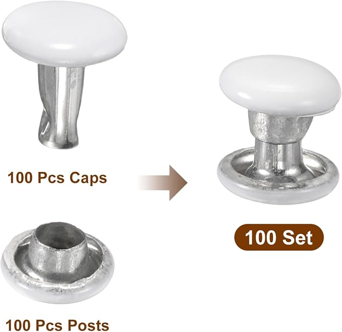 HARFINGTON 100 Sets Double Cap Leather Rivets, 6x6mm Round Cap Tubular Metal Studs Leather Crafting Rivets for Fabric Belt Pet Collar Boot Bag Repair and Decoration, White