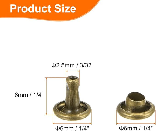 HARFINGTON 100 Sets Double Cap Leather Rivets, 6x6mm Round Cap Tubular Metal Studs Leather Crafting Rivets for Fabric Belt Pet Collar Boot Bag Repair and Decoration, Bronze