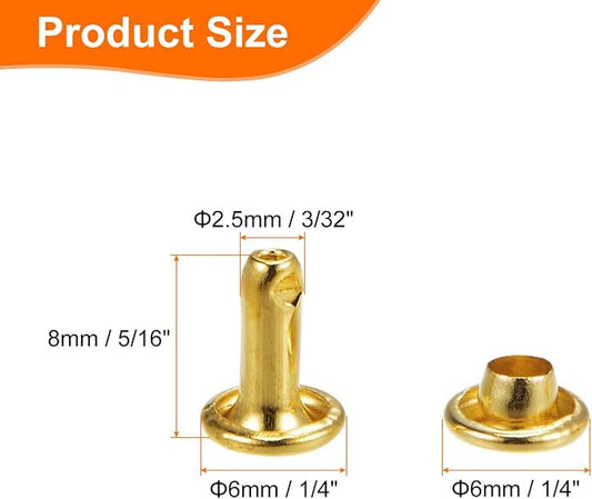 HARFINGTON 100 Sets Double Cap Leather Rivets, 6x8mm Round Cap Tubular Metal Studs Leather Crafting Rivets for Fabric Belt Pet Collar Boot Bag Repair and Decoration, Gold