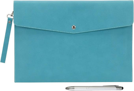 Wonderpool A4 Premium Faux Leather Envelope Documents Multifunction Folders Stationery Bag -Portfolio File for Paper Letter Stationery Organizer and Tablet Case PC Sleeve (Cyan)