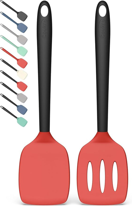 Coukre 2 Pack Silicone Spatula Set, High Heat Resistant, BPA Free Kitchen Spatula, Solid & Slotted Turner for Non-Stick Pans, Sautéing, and Flipping (2, Red)