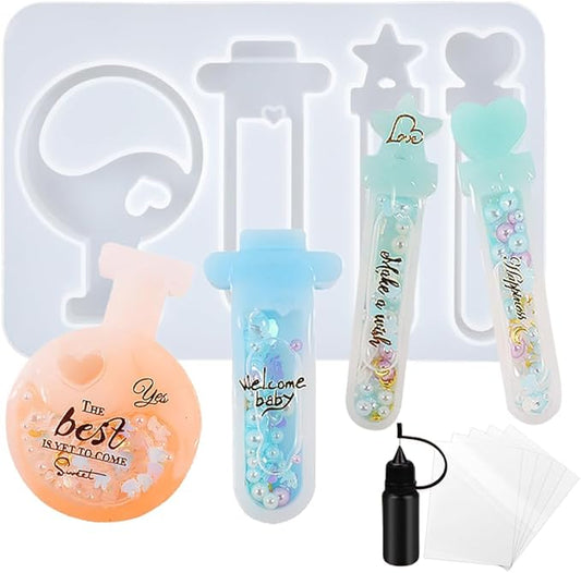 Resin Shaker Molds Set Magic Potions Keychain Charm Pack of 7 Silicone Trays Seal Films Precision Tip Applicator Bottle Kits Bundle