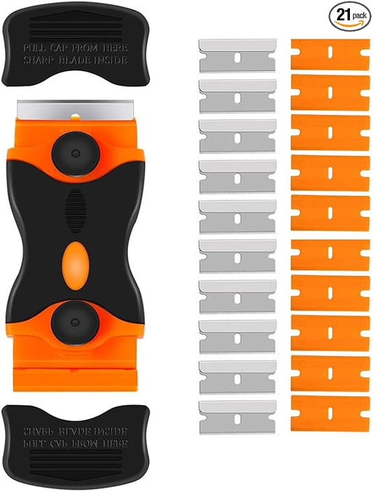 Razor Blade Scraper, 2-in-1 Double Edged Razorblade Scraper Tool with 20Pcs Razor Blades, Multi-Purpose Paint Cleaning Razor Scraper for Glass, Decals, Stickers, Labels, Caulk, Adhesive, Paint Removal