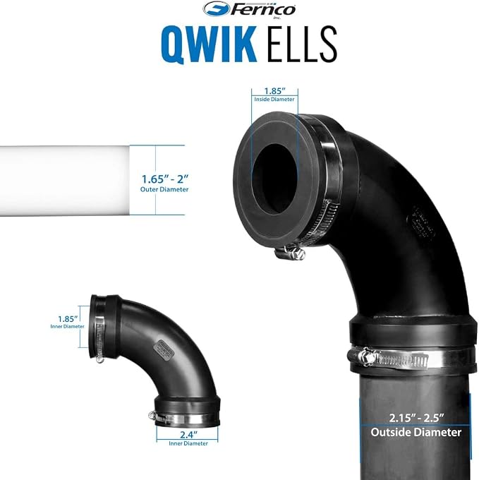 Fernco 2" Flexible PVC 90-Degree Elbow Includes Optional 1.5" Reducer Bushing for DWV Cast Iron, Steel and Plastic Pipe Connections