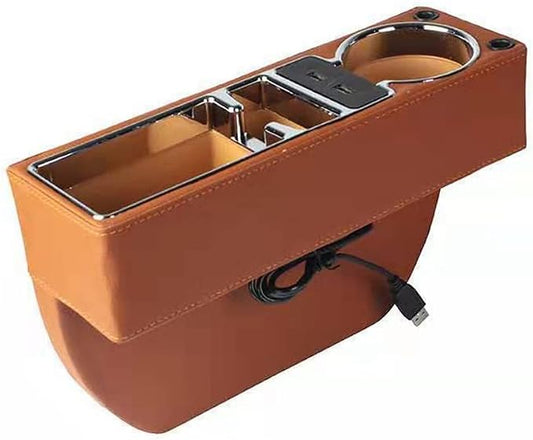 PU Leather Car Seat Gap Filler,Universal Car Seat Organizer Multifunctional Car Cup Holder Gap Filler Storage Box Console Side Pocket Car Organizer for Phones Sunglasses,USB Style,Brown