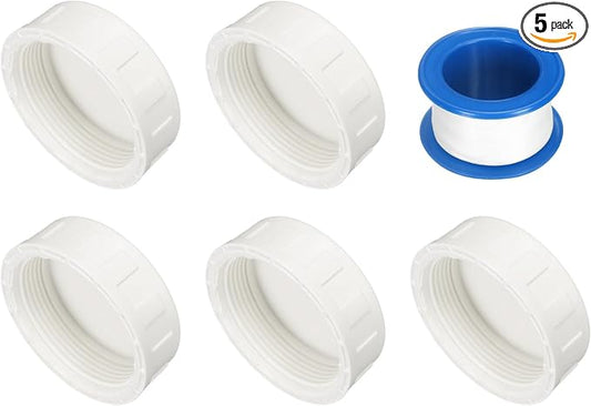 uxcell 5Pcs 2 Inch PT Female Thread PVC Pipe Fitting Cap, Cleanout Water Drain End Caps, Pipe Plug Socket Fittings with Tape for Water Heater Supply Lines, Plumbing, White