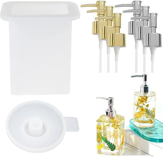 Dispenser Pump Bottle Resin Mold Kit, 1pcs Bathroom Silicone Bottle Mold with 6pcs Pump Dispenser for Soap,Shampoo,Lotions, Pump Bottles Mold for Hand Sanitizer, Conditioner, Home Decor(Square)