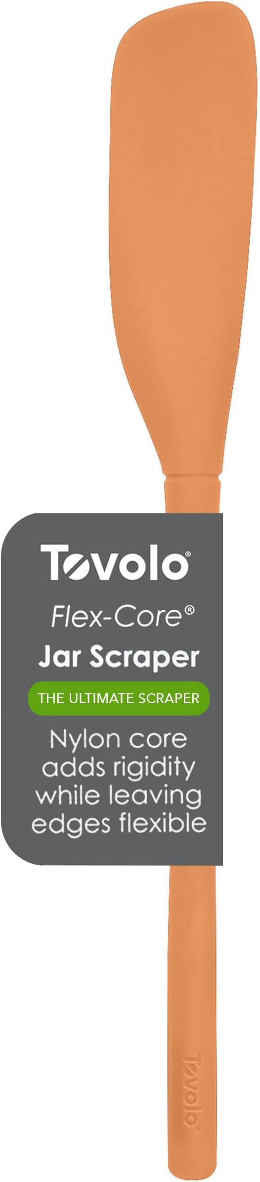 Tovolo Silicone Jar Spatula Long Handled Rubber Scraping Scooping Tool for Peanut Butter Jam Jelly Jars Blenders, Extra Long Flex Core Silicone Jar Scraper Dishwasher Safe BPA Free, Apricot Orange
