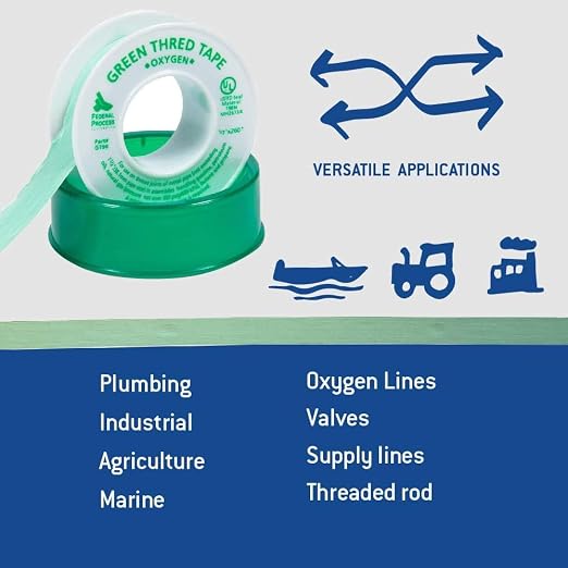 Gasoila Green PTFE Thread Seal Tape – Professional-Grade, 1/2 Inch x 260 Inch, High-Density Thread Tape for Oxygen Lines – Leak-Proof Seal, Non-Toxic, 24 Pack
