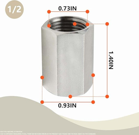 Bwintech 3 Pcs 304 Stainless Steel Forging Hex Coupling, 1/2" NPT x 1/2" NPT Female Threaded Pipe Fittings, Hex Coupling Rod Version